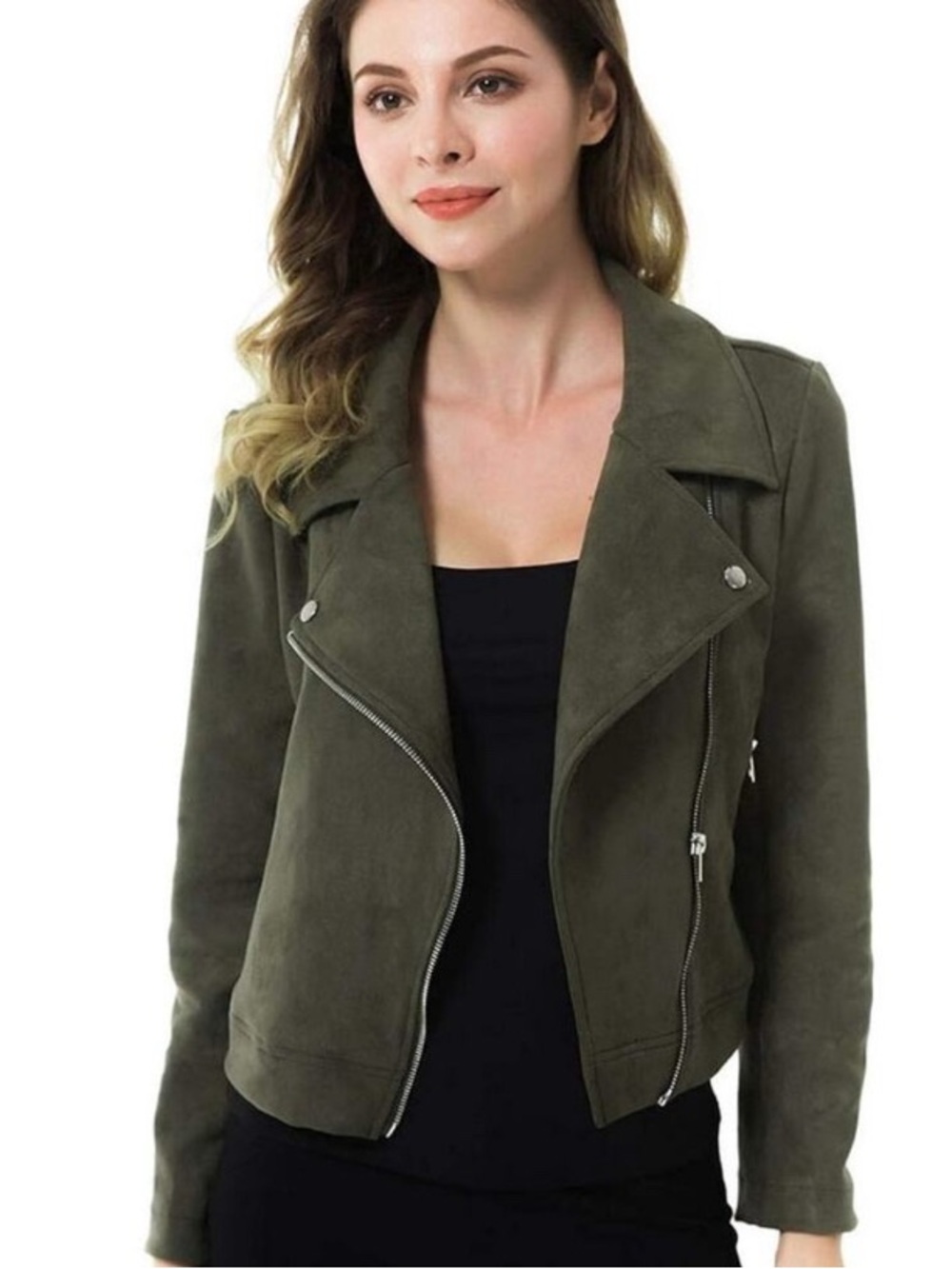Olive Green Women’s Suede Moto Jacket - Stylish Asymmetric Zip